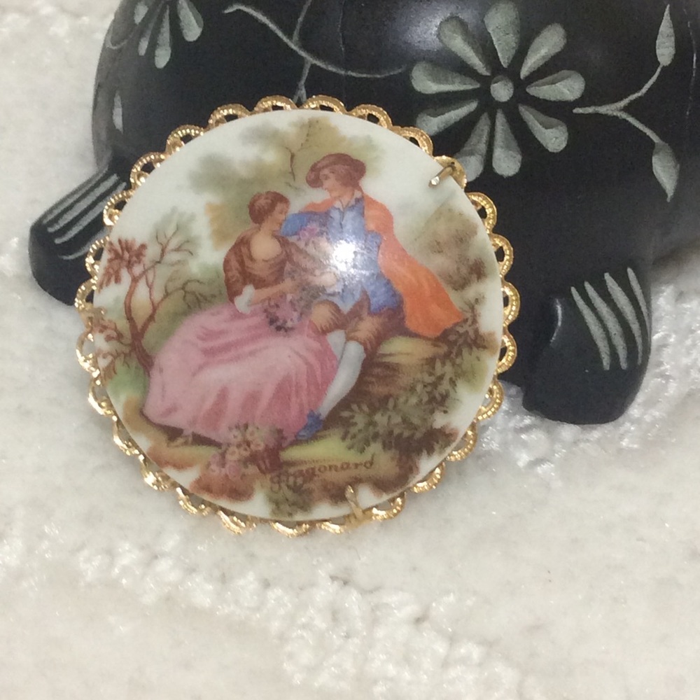 FRAGONARD signed Painted Romantic Brooch